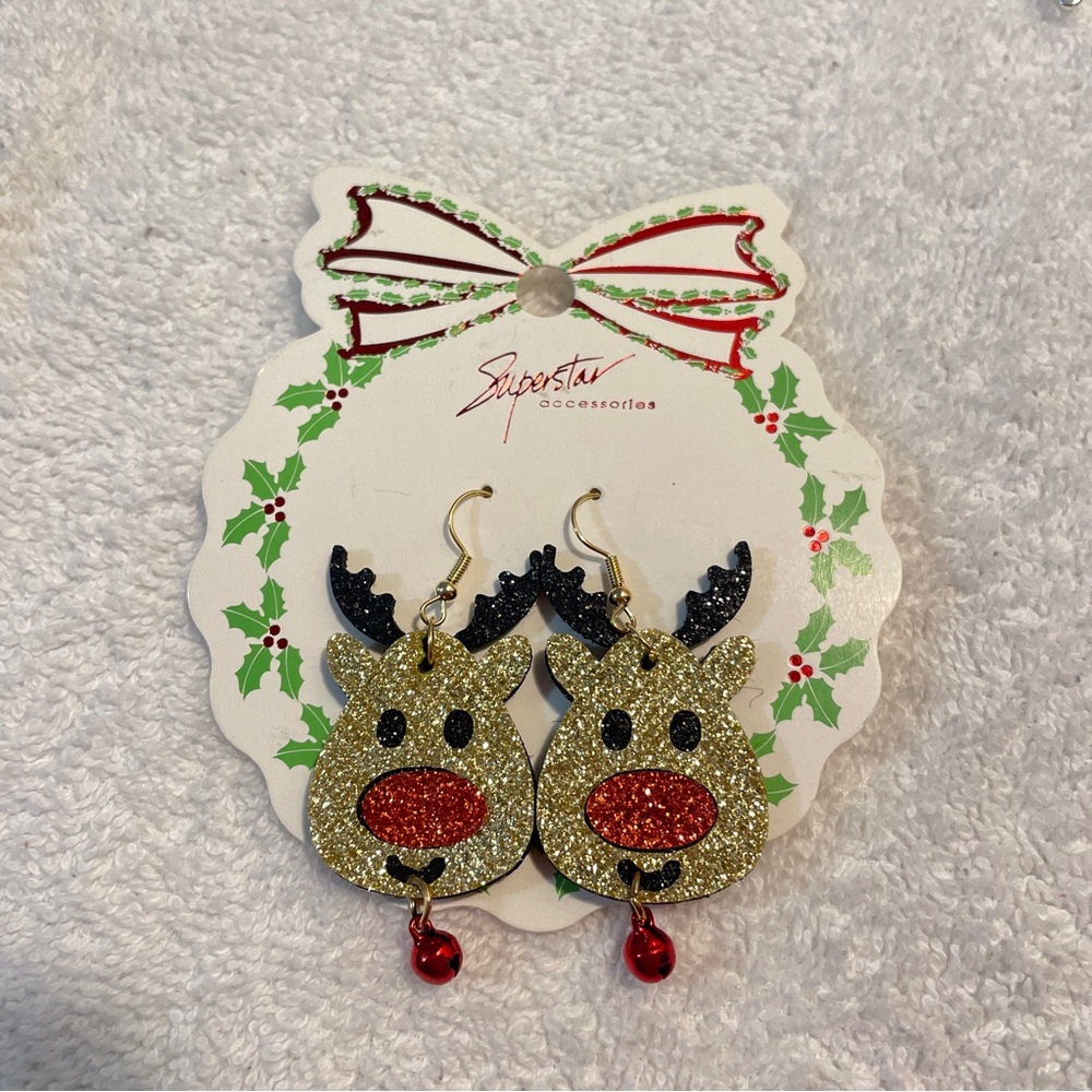 Christmas Gold and red glitter reindeer earrings
